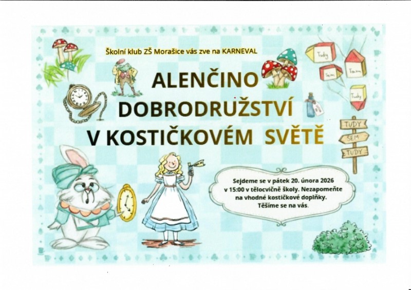 Plakát na karneval v ZŠ Morašice v pátek 20. února od 15.00 hodin