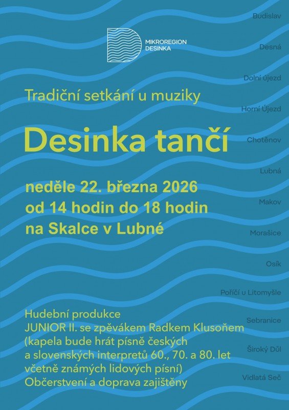 Pozvánka na oblíbenou akci Desinka tančí do Lubné v neděli 22. března od 14 do 18 hodin. Jízdní řád autobusů právě připravujeme – zveřejníme brzy.