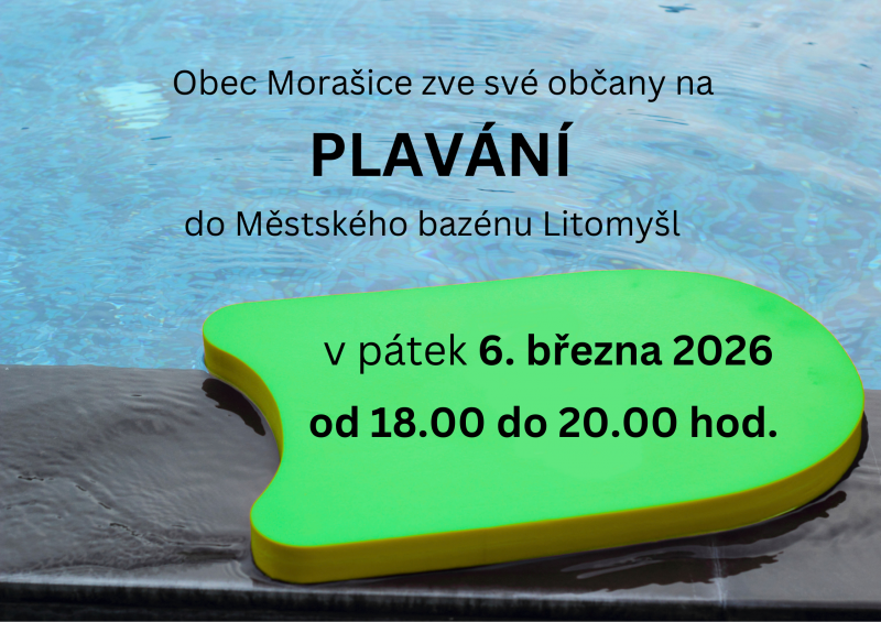 Obec Morašice zve své občany na plavání do Městského bazénu Litomyšl v pátek 6. března 2026 od 18.00 do 20.00 hod.
