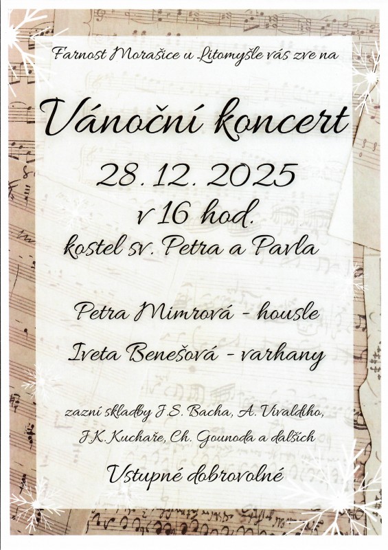 Pozvánka na vánoční koncert 28.12. od 16 hodin v kostele sv. Petra a Pavla v Morašicích